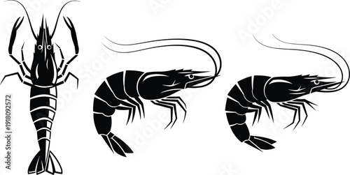 Shrimp silhouette icons set, black and white seafood illustrations, minimalist prawn vector symbols, marine crustacean graphics, oceanic food design, isolated.