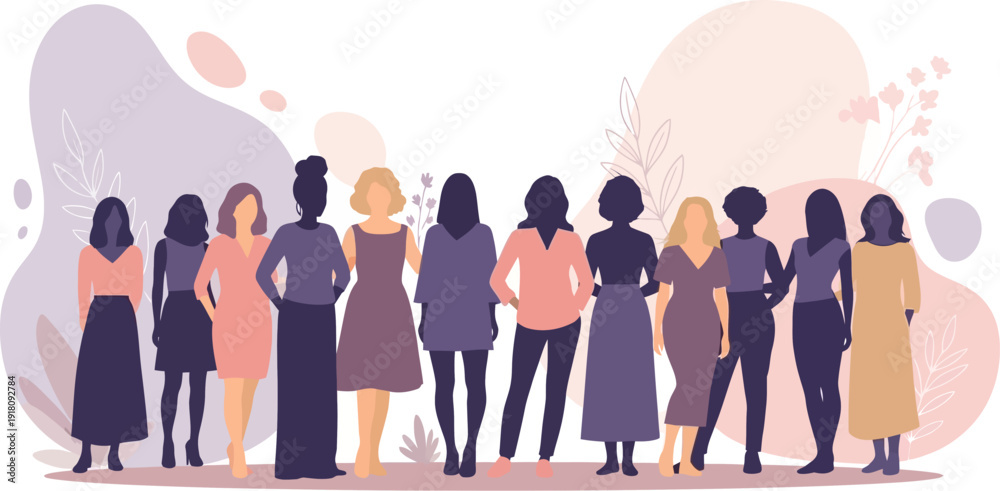 Obraz premium A vibrant illustration celebrating the collective strength, unity, and empowerment of a diverse group of women standing together as a supportive community
