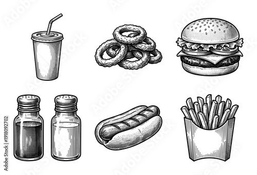 Vintage hand drawn engraving style fast food collection featuring burger hot dog french fries onion rings soda and condiments