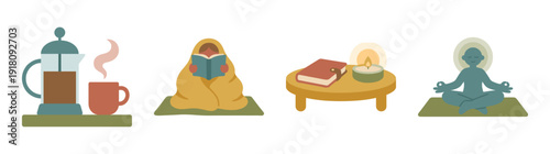 Flat Vector Cozy Hygge Lifestyle Graphic Set for Mindfulness and Wellness Self-Care Branding