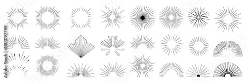Sparkle line vector set with burst effects and various shapes for design elements featuring circles, stars, dots with radial and patterns elements for abstract, art projects, clean composition on