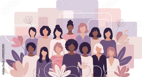 Illustration of a Diverse Group of Women Standing Together with Flowers and Pastel Background