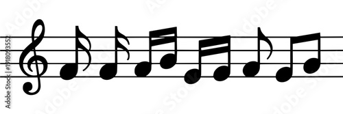 Musical notes on staff with treble clef and various symbols in black and white featuring music notation, sheet music, clean composition on simple background