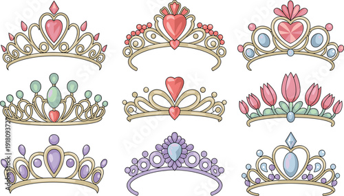 Princess tiara crown vector set, cute fantasy jewelry collection, heart gem royal headpieces isolated on white background for kids design