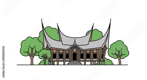 Indonesian Traditional Rumah Gadang West Sumatra Architecture Vector Illustration with Green Trees Background