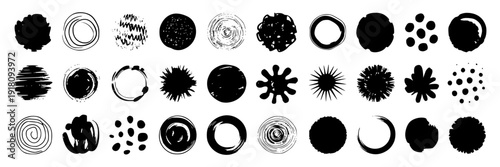 Circles hand drawn set with black ink grunge scribbles, brush strokes, blot splatters and abstract round doodles for logo frames, stamps and design elements