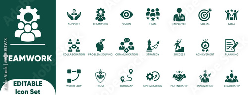 Teamwork Solid icon set. assistance, help, support, brainstorm, meeting, planning, success, and vector icons collection.