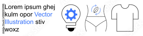 Innovation, fitness, clothing design, creative solutions, automation, technology. Lightbulb with gear, arrows at waist and t-shirt in black outline. Innovation and fitness