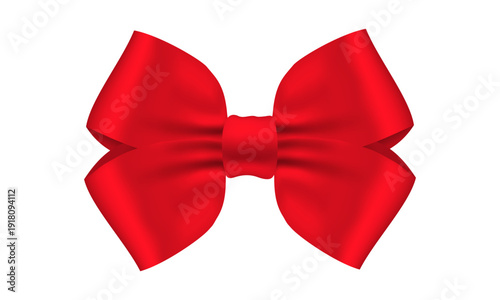 Red satin ribbon bow with four loops, realistic 3D gift decoration isolated on white background