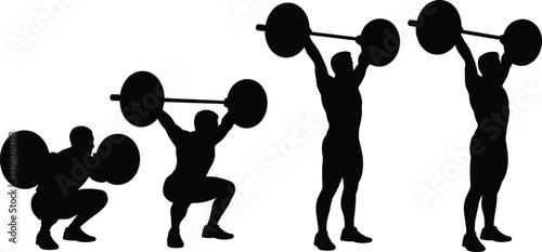 Weightlifting silhouette set vector illustration, athlete barbell squat clean jerk poses, isolated black fitness training figures on white background
