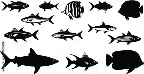 Vector Silhouettes of Tropical Fish and Sharks, Set of Icons Featuring Marine Life, Underwater Species, Seafood, Ocean Animals, and Fishing Symbols