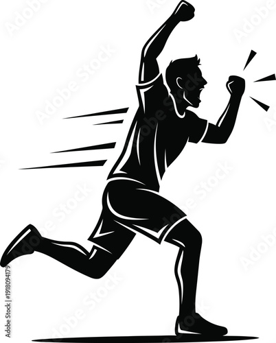 A triumphant athlete running with fists clenched in victory