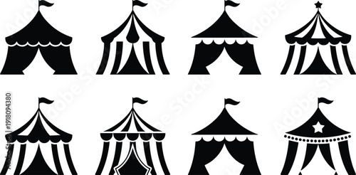Circus tent silhouette vector set, carnival big top icon collection isolated on white background, entertainment festival symbol, flat vector illustration