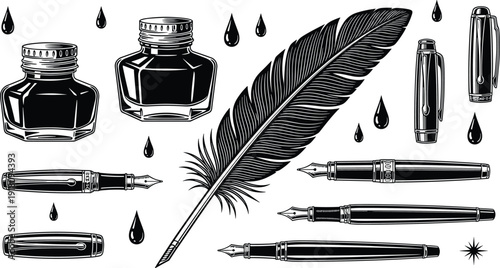 Collection of Vintage Writing Tools Featuring Fountain Pens, Ink Bottles, a Large Feather Quill, and Ink Droplets for Calligraphy and Literature