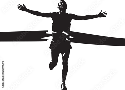 Man crossing the finish line with arms outstretched in victory and joy.