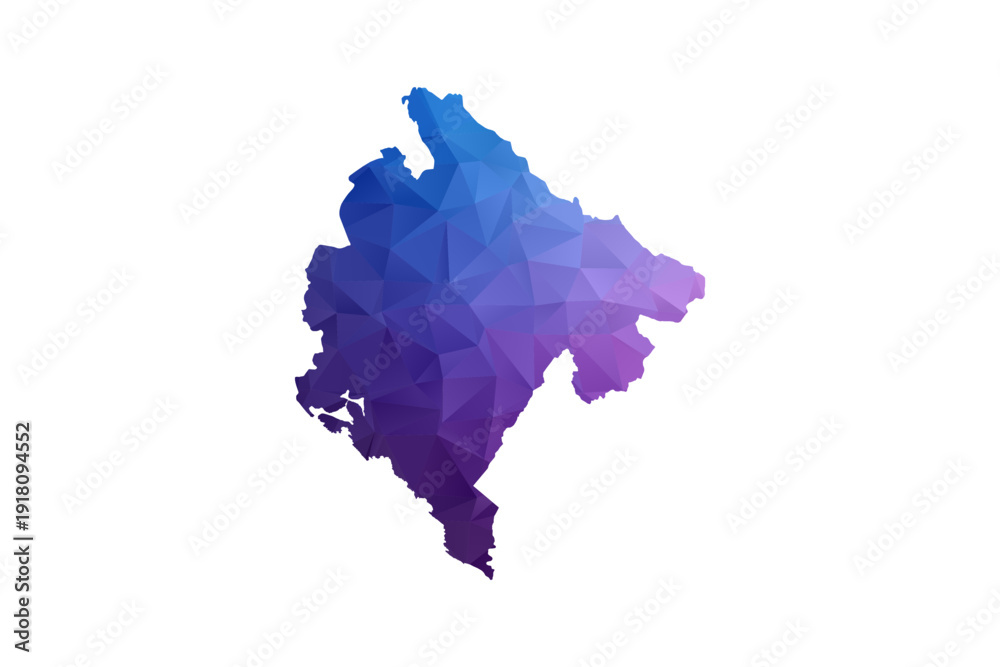 Fototapeta premium Montenegro Map - Polygon Style Vector Illustration in Blue and Purple Gradient, Low Poly Geometric Design, Isolated on White Background, Ideal for Infographics and Learning Materials.