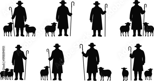 Black Silhouette of Shepherds with Staffs and Sheep, Set of Icons Representing Farming, Livestock, Biblical Themes, Pastoral Life, and Agriculture