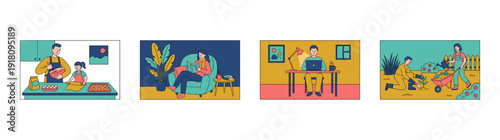Flat Vector Lifestyle and Household Activities Illustration Set for Work Life Balance and Wellness