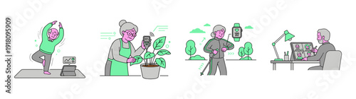 Flat Vector Senior Wellness and Assistive Technology Illustration Set for Active Aging and Digital Healthcare