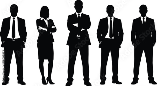 Five stark black silhouettes of professional men and one woman in business attire stand confidently against a bright white backdrop.