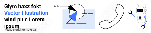 Chart with analytics segments, retro phone handset, and robot with antennae. Ideal for technology, AI, innovation, digital marketing, customer service, data analysis and simple landing page