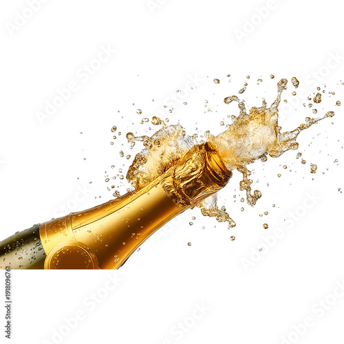 Champagne Bottle Exploding with Bubbles and Spray alcohol isolated on a transparent background