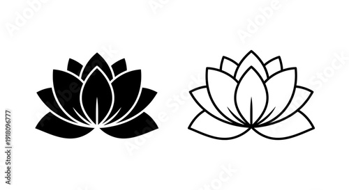 Two lotus flower designs, minimalist, black and white, vector, symbol, meditation, spirituality Vector