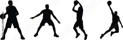 Basketball player silhouette set showing dribbling, defense stance, jump shot, and dunk action poses. Black athlete vector illustration isolated on white background.