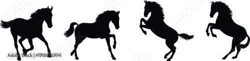 Black horse silhouette set in running, walking, and rearing poses isolated on white background, perfect for logo design, tattoo art, vector illustration, and branding.