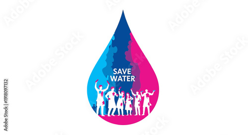 Save water concept with people silhouettes in teardrop shape