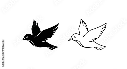 Two black and white birds flying in opposite directions on white background Vector