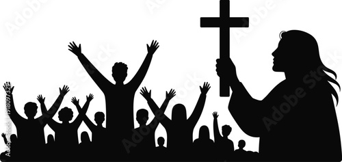 Christian worship silhouette illustration showing people raising hands in prayer and woman holding cross. Religious faith community vector isolated on white background for church design.