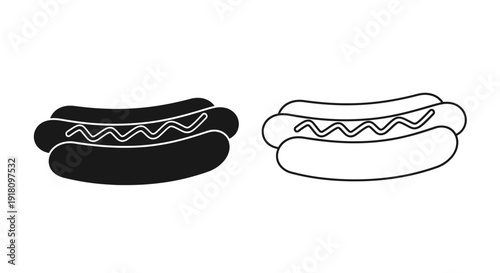 Hot dogs with mustard and ketchup, black and white illustration, vector art Vector