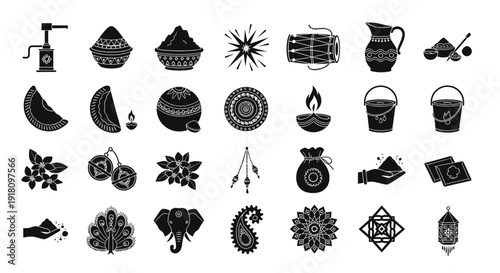 Black and white indian festival icons including diwali lamps flowers and traditional items on white background