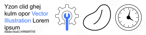 Technology services, time management, process workflow, repair tools, scheduling, abstract . Gear and wrench, bean shape and clock. Technology services and time management
