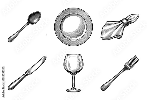 Vintage etching style dining set collection featuring hand drawn cutlery plate glass and napkin icons