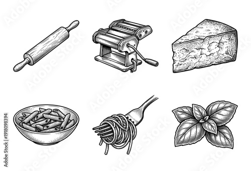 Set of hand drawn vintage style illustrations featuring Italian pasta making tools and ingredients including a rolling pin, pasta machine, cheese, and basil leaves.