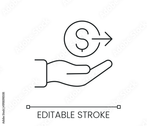 Hand holding dollar coin with arrow showing money transfer payment and financial transaction concept icon. Line with editable stroke single symbol. Thin linear style sign. Outline vector illustration