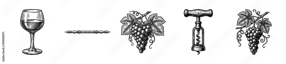 Fototapeta premium Vintage hand drawn wine collection featuring engraved glass, corkscrew, and grape bunches for viticulture and enology design.