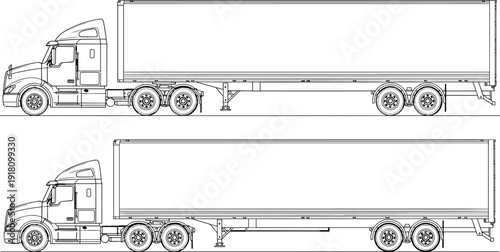 Semi‑trailer truck technical drawing, tractor unit, detached trailer, freight transport vehicle, mechanical connection, vector illustration, engineering diagram, logistics, flavector