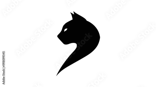 Sleek Black Cat Head Silhouette with Glowing White Eyes, Mysterious Feline Icon or Logo Design on White Background