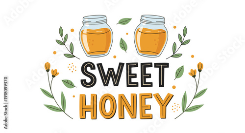 Sweet honey vector illustration with glass jars and floral elements