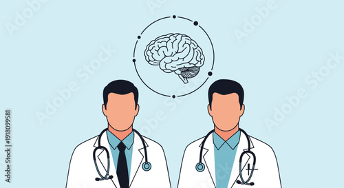 Two male doctors in white coats with human brain illustration