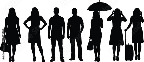 People silhouettes collection standing and walking with umbrella and luggage vector illustration isolated on white background