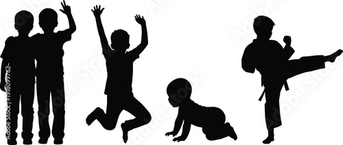 Children silhouettes collection with jumping, crawling and martial arts pose vector illustration isolated on white background