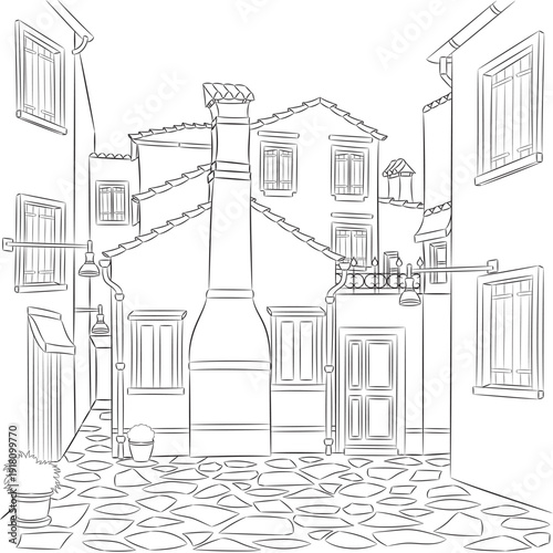 Black and White Vector Illustration Quiet Courtyard on Burano Island Italy
