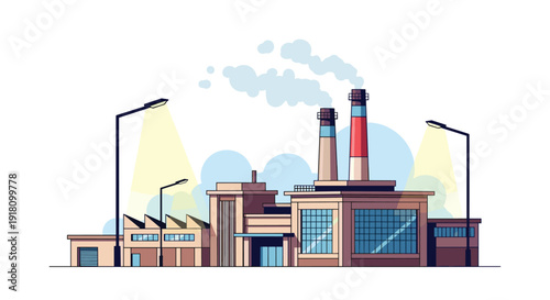 Industrial factory building with smoking chimneys and street lights