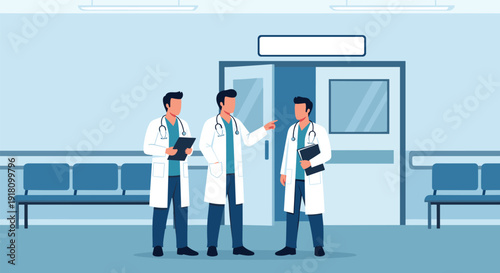 Medical team of doctors talking in a hospital hallway