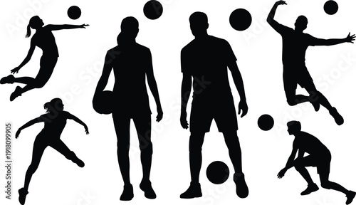 Volleyball silhouettes set of male and female players in jump, serve, spike and defense poses with ball isolated on white background for sport design.