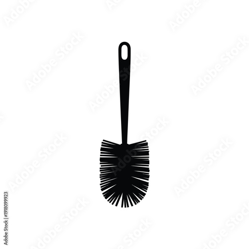 A simple black silhouette of a toilet brush on a white background